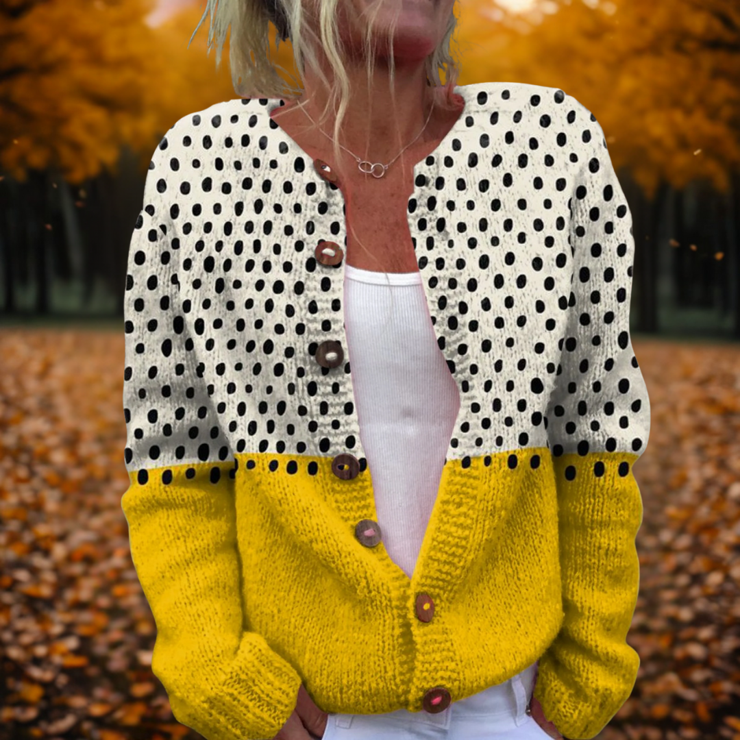 Women's Cardigan Long Sleeve Open-Front with Polka Dot Colour Block - Multicolour