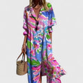 Women's Maxi Shirt Dress with Button Front and Leaf Print - Red