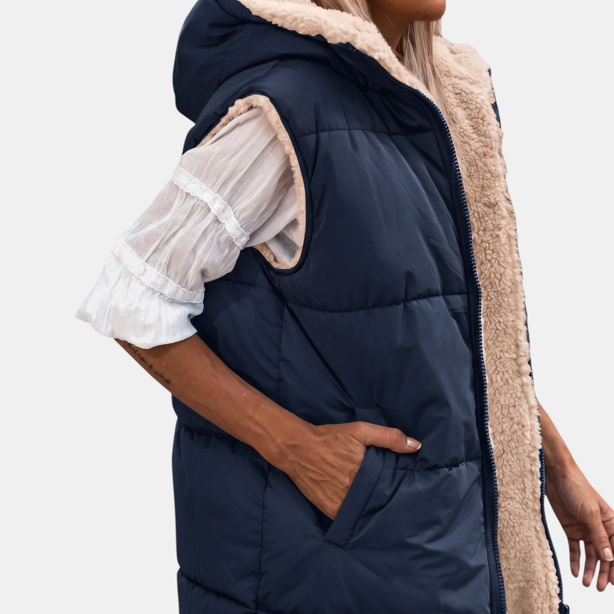 Women's Reversible Puffer Gilet Sherpa Lined Hooded Sleeveless Coat - 9