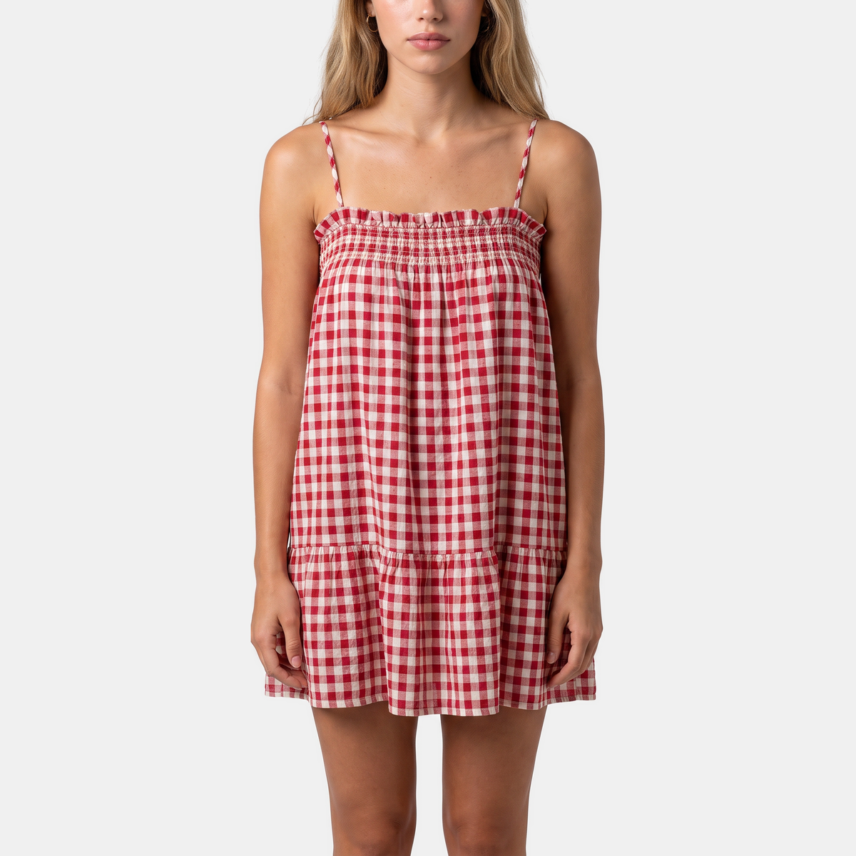 Women's Smocked Ruffle Trim Gingham Cami Two Piece Set - 5