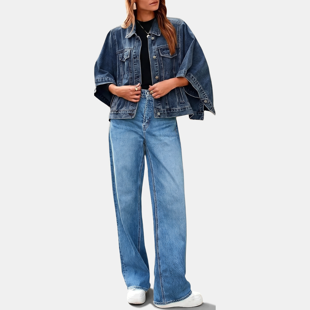 Women's Batwing Sleeve Cropped Denim Jacket Oversized Cape - 6