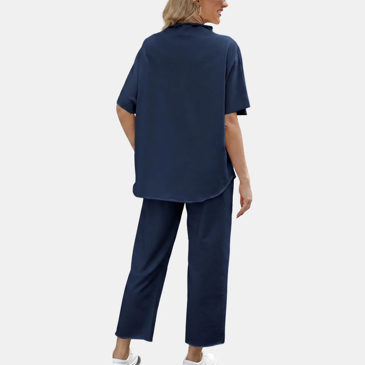 Women's Mock Neck Lounge Set Wide Leg Cropped Trousers - 7