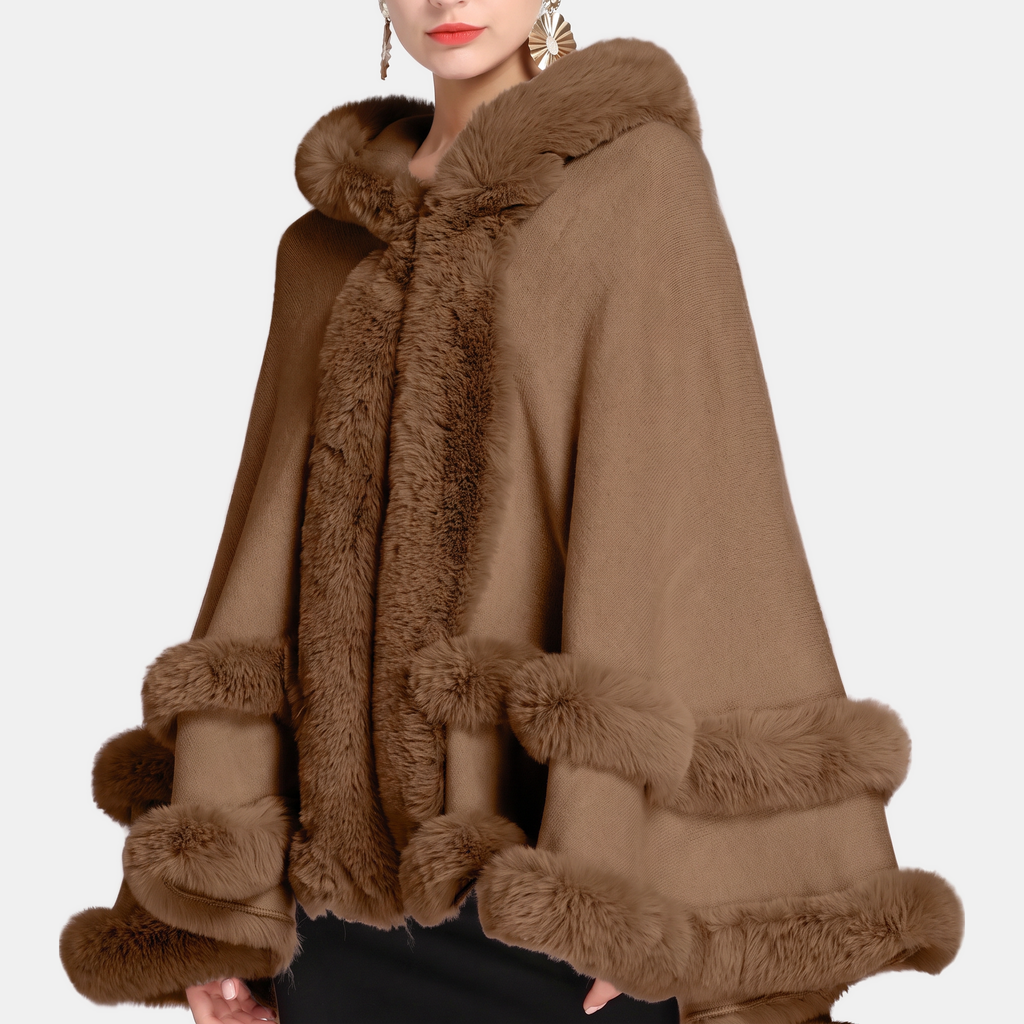 Women's Faux Fur Trim Hooded Knit Cape Coat
