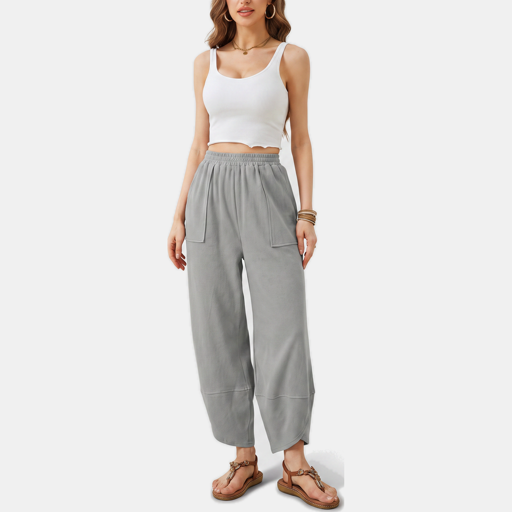 Women's Wide Leg Ribbed Knit Cropped Trousers with Patch Pockets - 15
