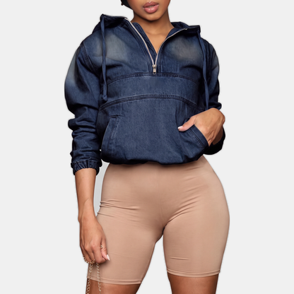 Women's Cropped Zip Up Hoodie Denim Sweatshirt