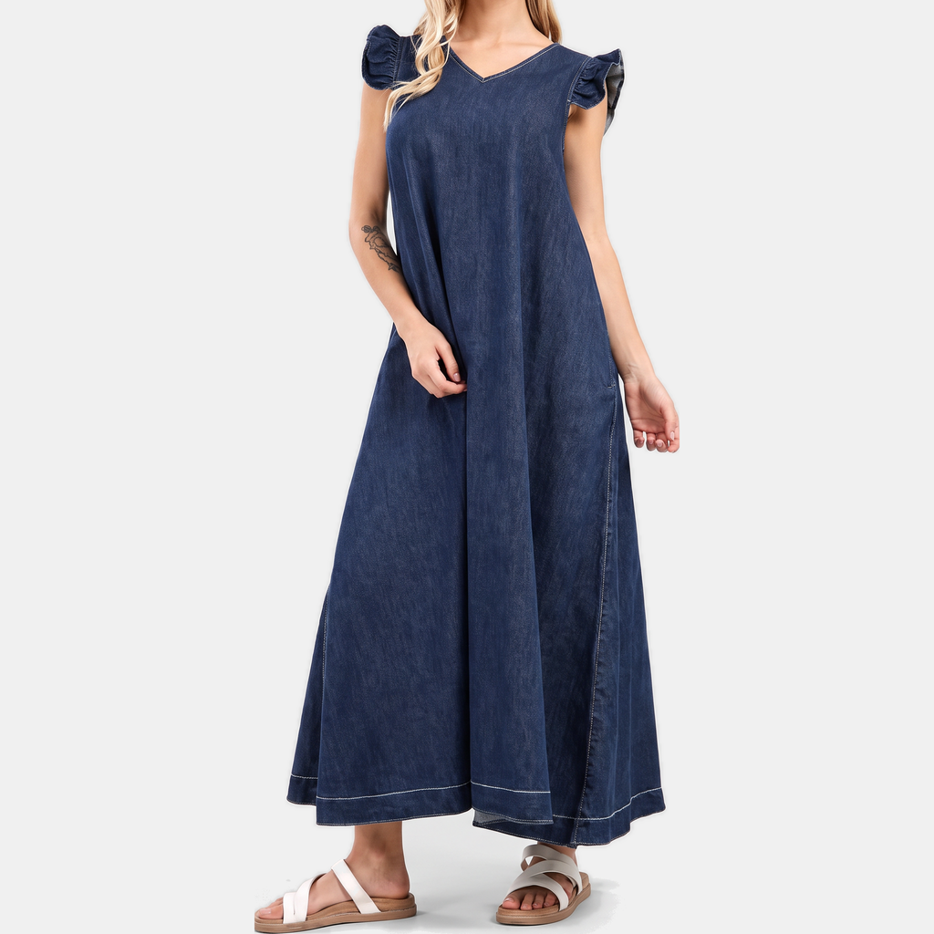 Women's Denim Flutter Sleeve V-Neck Maxi Dress - 5