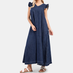 Women's Denim Flutter Sleeve V-Neck Maxi Dress - 5