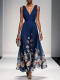 Women's Sleeveless Floral Print Dress with V-Neck and A-Line Silhouette - Navy Blue