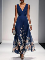 Women's Sleeveless Floral Print Dress with V-Neck and A-Line Silhouette - Navy Blue