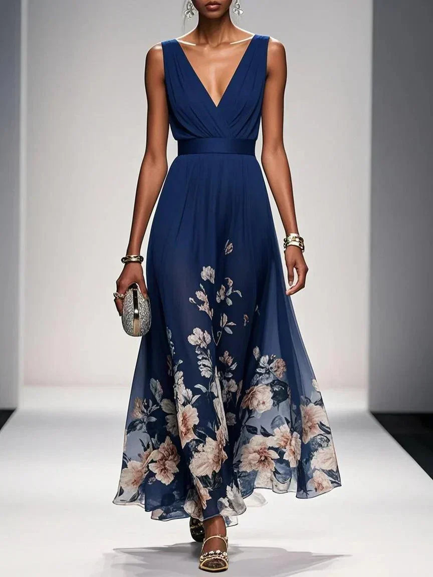 Women's Sleeveless Floral Print Dress with V-Neck and A-Line Silhouette - Navy Blue