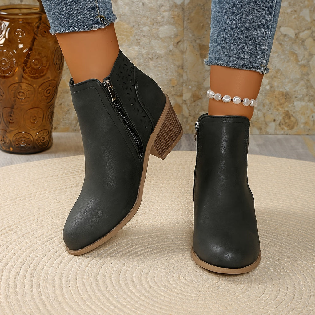 Women's Ankle Boots with Laser-Cut Detail and Block Heel - 10