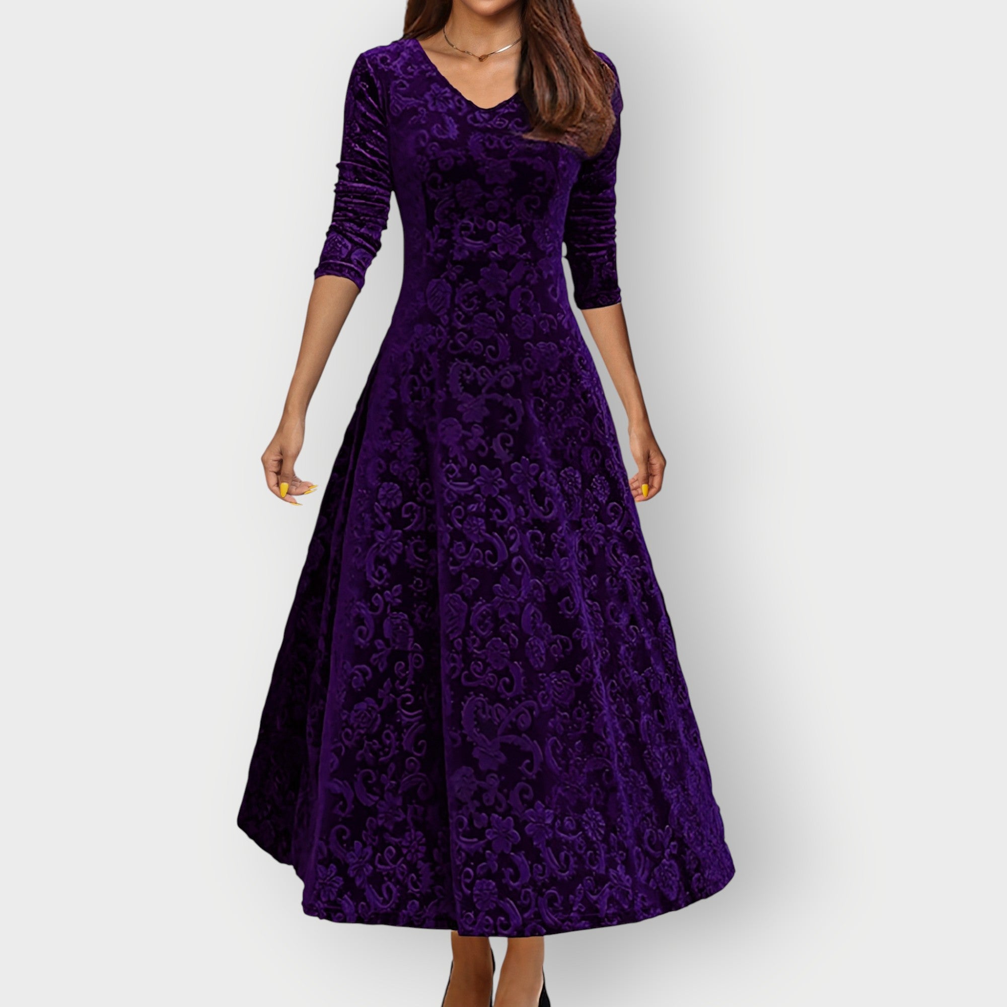 Women's Midi Dress with V-Neck and Flared Skirt - Pink