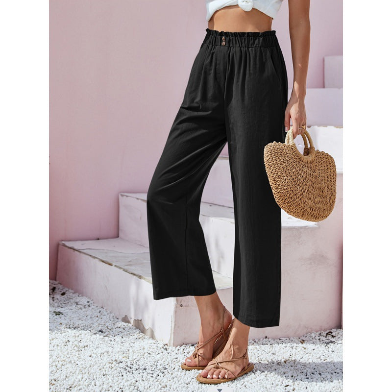 Women's High-Waisted Straight-Leg Trousers with Elastic Paperbag Waist - Black