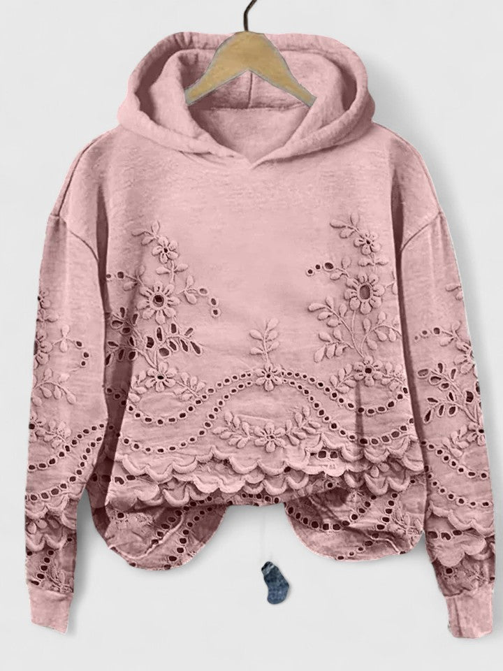 Women's Hooded Jumper with Floral Lace Trim and Scalloped Hem - Pink