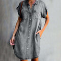 Women's Shirt Dress Short Sleeve Button-Up with Chest Pockets - Grey