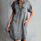Women's Shirt Dress Short Sleeve Button-Up with Chest Pockets - Grey