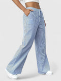 Women's Wide-Leg Trousers with Elasticated Drawstring Waist - Blue