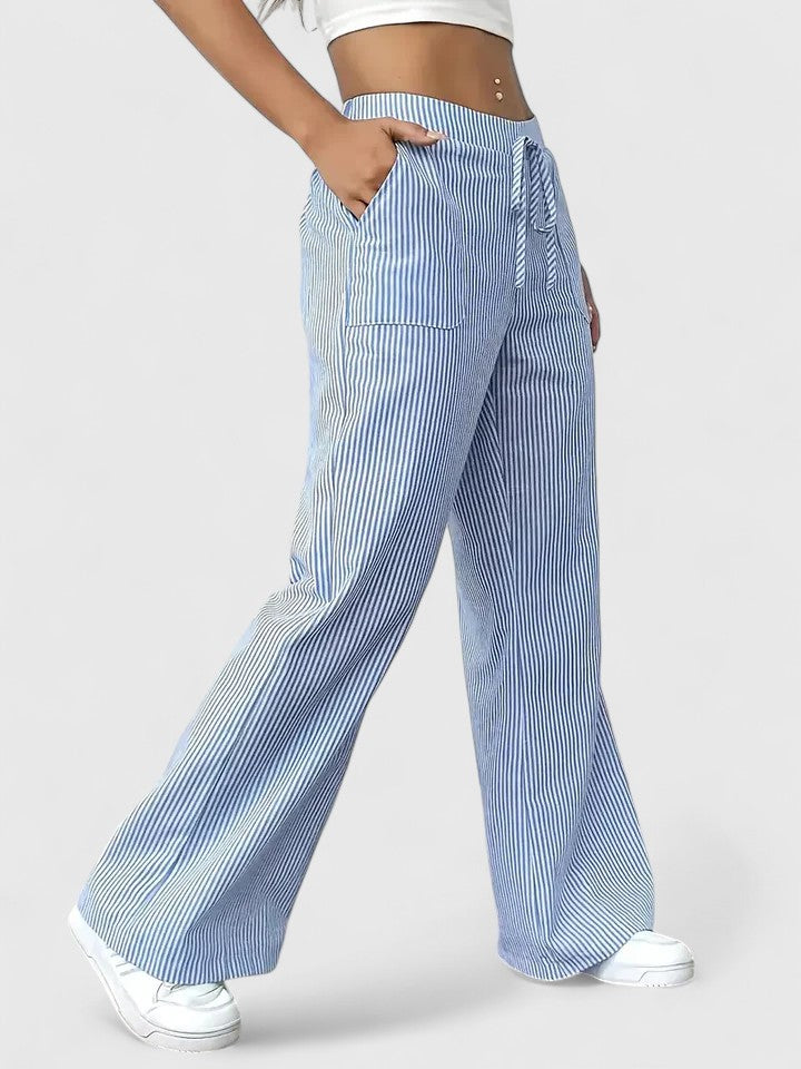 Women's Wide-Leg Trousers with Elasticated Drawstring Waist - Blue