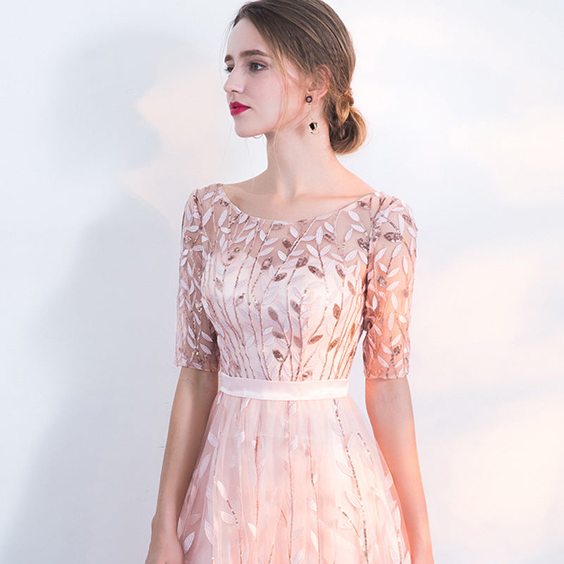 Women's Evening Dress Half Sleeve with Round Neck and A-Line Silhouette - 4