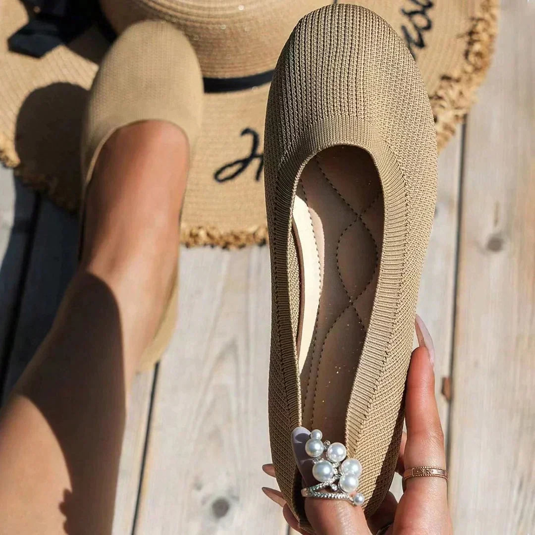Women's Slip-On Flats with Stretch Knit Upper and Cushioned Sole - Khaki