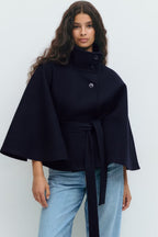 Women's Cape Coat with High Collar and Bow Belt - 5