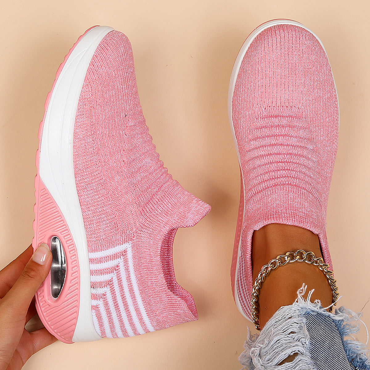 Women's Slip-On Trainers with Air Cushion Sole - Pink