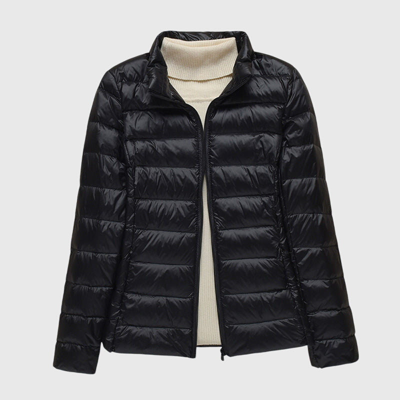 Women's Quilted Jacket with Hood and Zip Fastening - Black Stand Collar