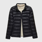 Women's Quilted Jacket with Hood and Zip Fastening - Black Stand Collar