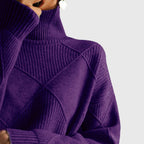 Women's Roll Neck Jumper with Geometric Knit Pattern - 15