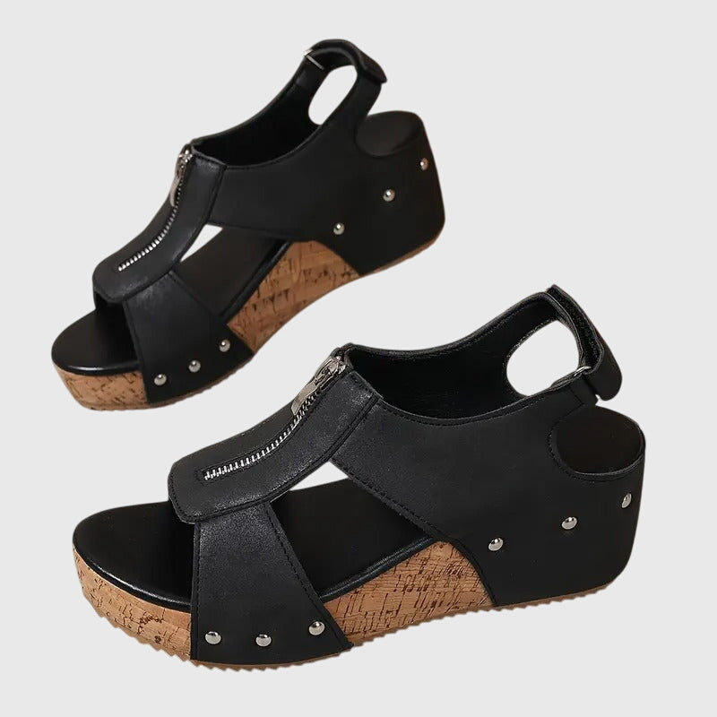 Women's Wedge Sandals with Front Zip and Studded Straps - 5