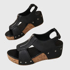 Women's Wedge Sandals with Front Zip and Studded Straps - 5