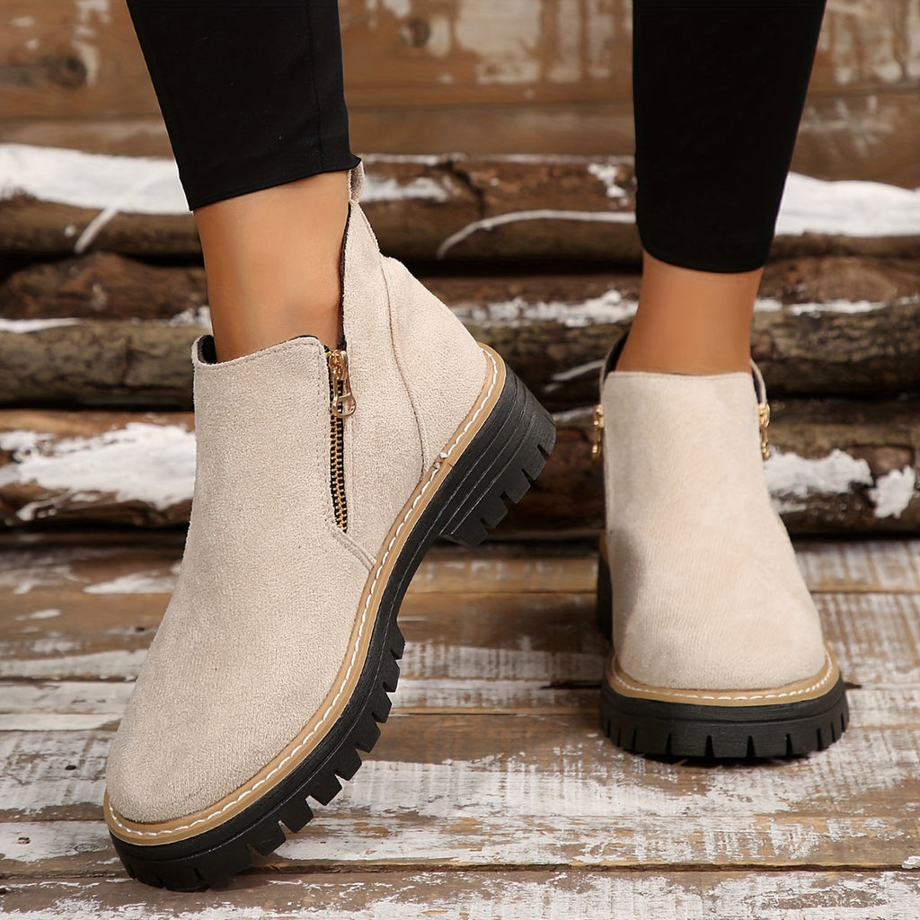 Women's Ankle Boots with Side Zip and Chunky Sole - Beige