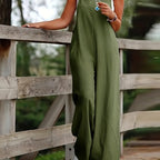 Women's Wide Leg Dungaree Jumpsuit with Adjustable Straps and Pockets - Army Green