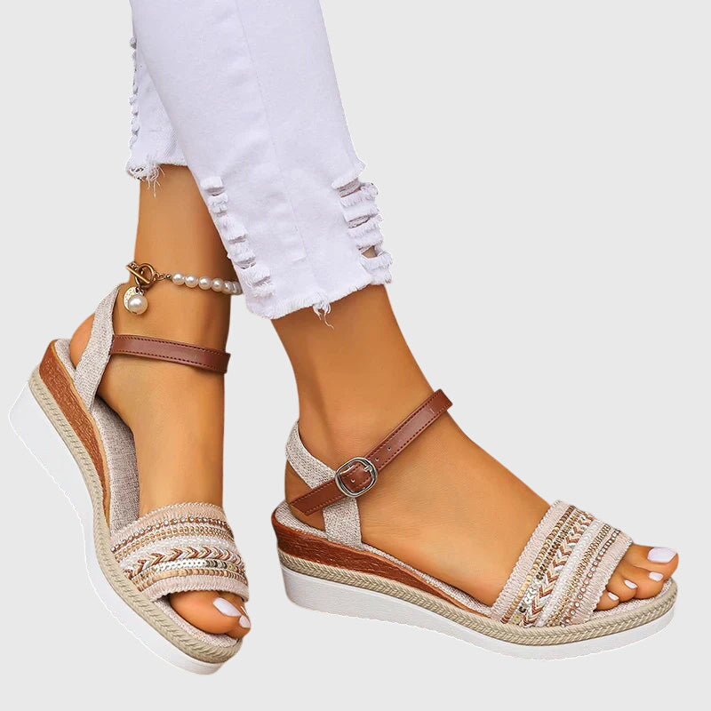 Women's Wedge Sandals with Woven Straps and Ankle Strap - 2