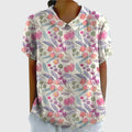 Women's Floral Blouse Short Sleeve with V-Neck and Relaxed Fit - Dark Pink