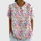 Women's Floral Blouse Short Sleeve with V-Neck and Relaxed Fit - Dark Pink