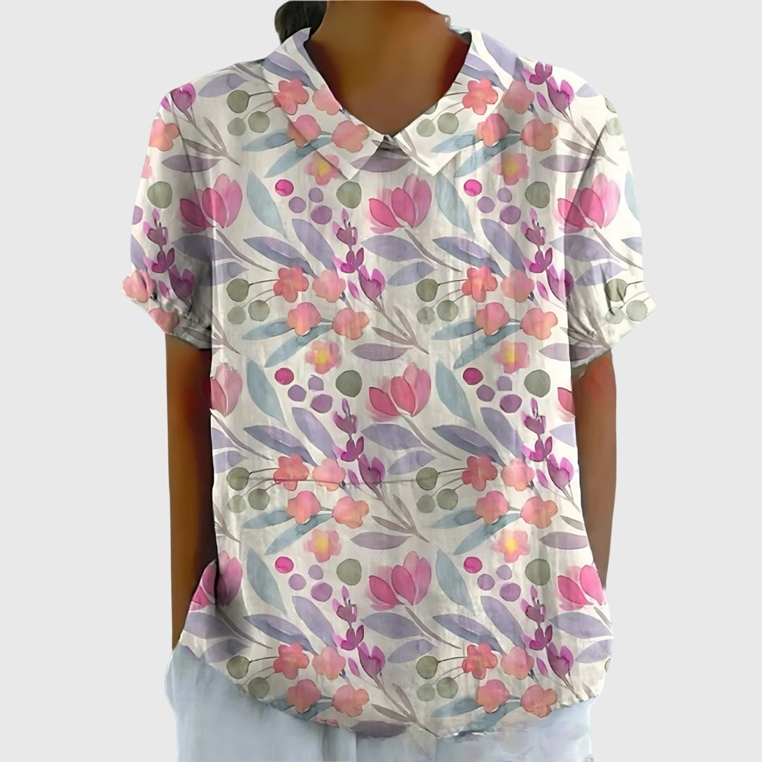Women's Floral Blouse Short Sleeve with V-Neck and Relaxed Fit - Dark Pink