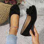 Women's Flat Shoes with Bow Detail and Round Toe - Black