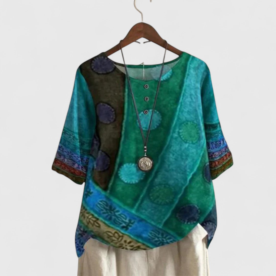 Women's Boho Top Round Neck with Patchwork Print and Button Detail - Green