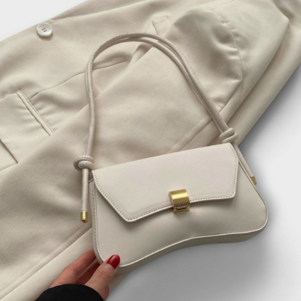 Women's Shoulder Bag with Structured Flap and Slim Strap - Beige