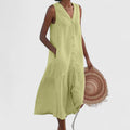 Women's Sleeveless Dress with V-Neck and Button Front - Green