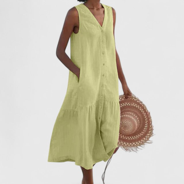 Women's Sleeveless Dress with V-Neck and Button Front - Green