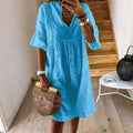 Women's Boho Dress with V-Neck and Lace Trim Detail - Blue