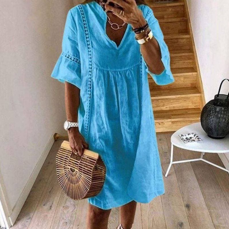 Women's Boho Dress with V-Neck and Lace Trim Detail - Blue