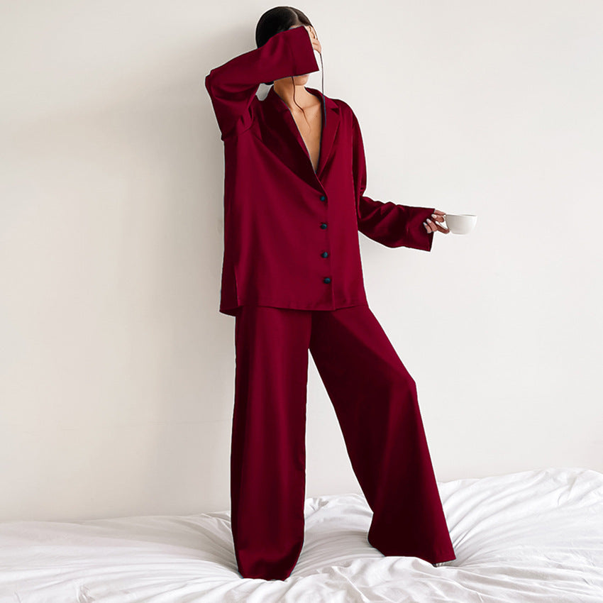 Satin Pyjama Set with Revere Collar and Wide Leg Trousers - Burgundy