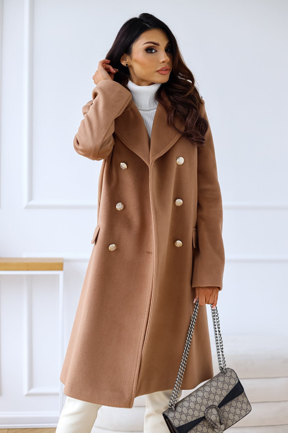 Women's Double-Breasted Wool Coat Gold Button Detail - Brown