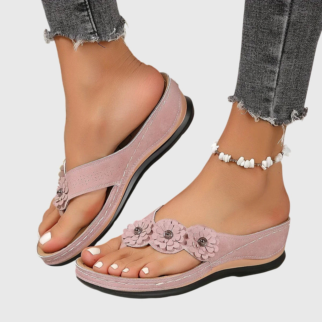 Women's Toe-Post Wedge Sandals with Floral Trim - Pink