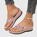Women's Toe-Post Wedge Sandals with Floral Trim - Pink