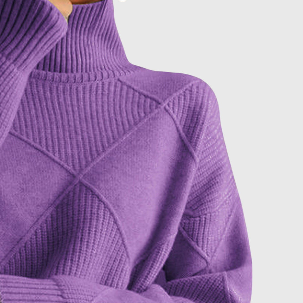 Women's Roll Neck Jumper with Geometric Knit Pattern - 5