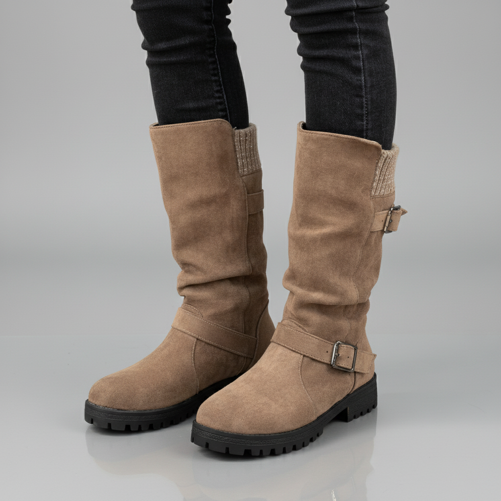 Women's Ankle Boots with Knit Cuff and Buckle Detail - Brown